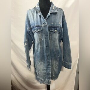 Highway Jeans Distressed Long Denim Jacket Light Wash Oversized Button Front